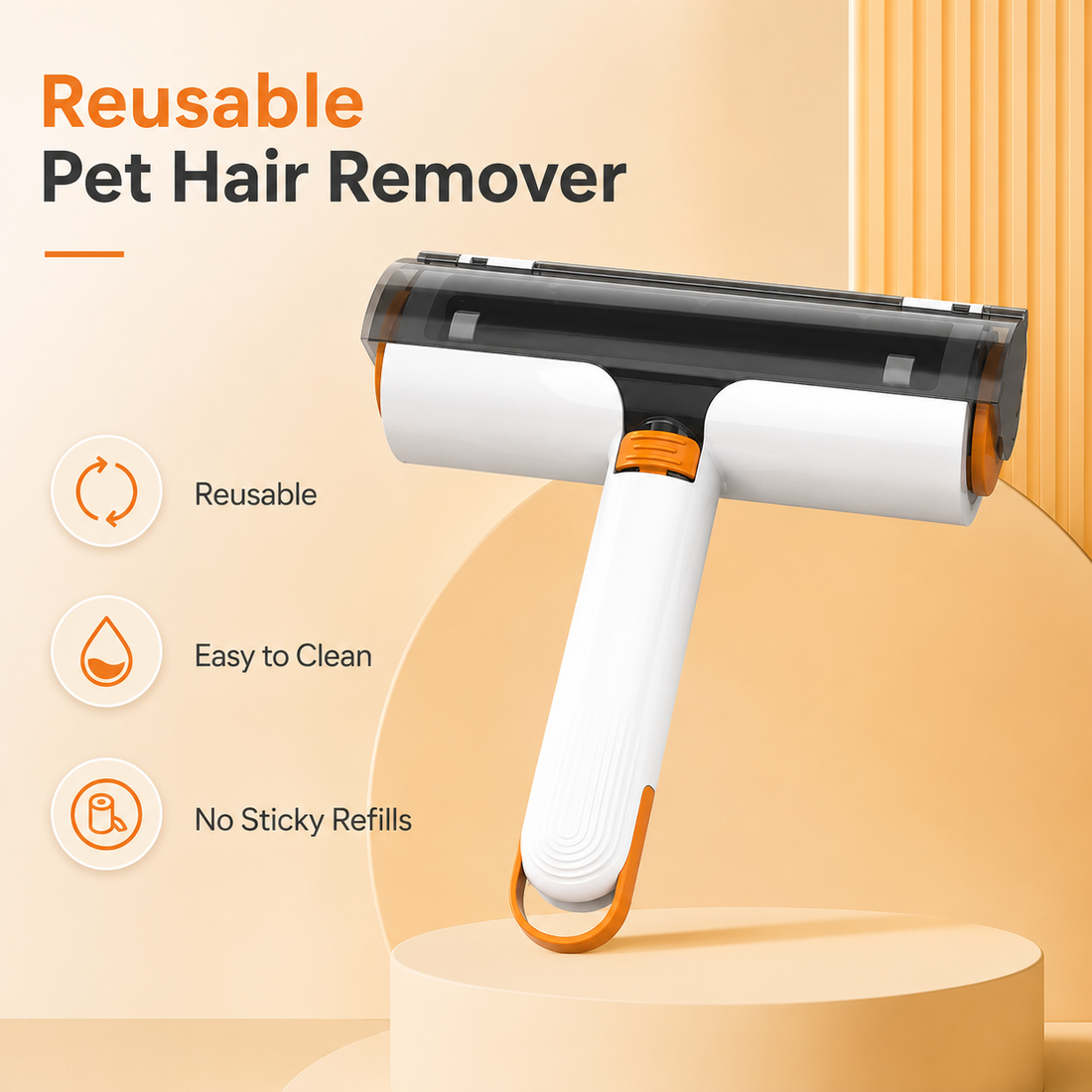 PawClear reusable pet hair remover roller in white and orange